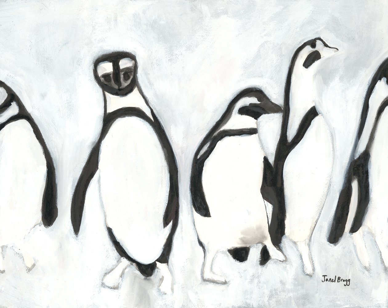 Pinguine im Woodland Park Zoo, um 2021 (Sumi-Tinte und Gesso auf Papier) von Janel Bragg