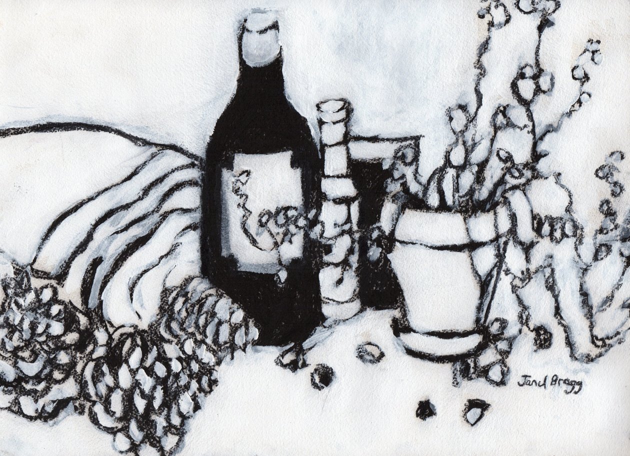 Stillleben mit Olivenöl und Kiefernzapfen, um 2017 von Janel Bragg