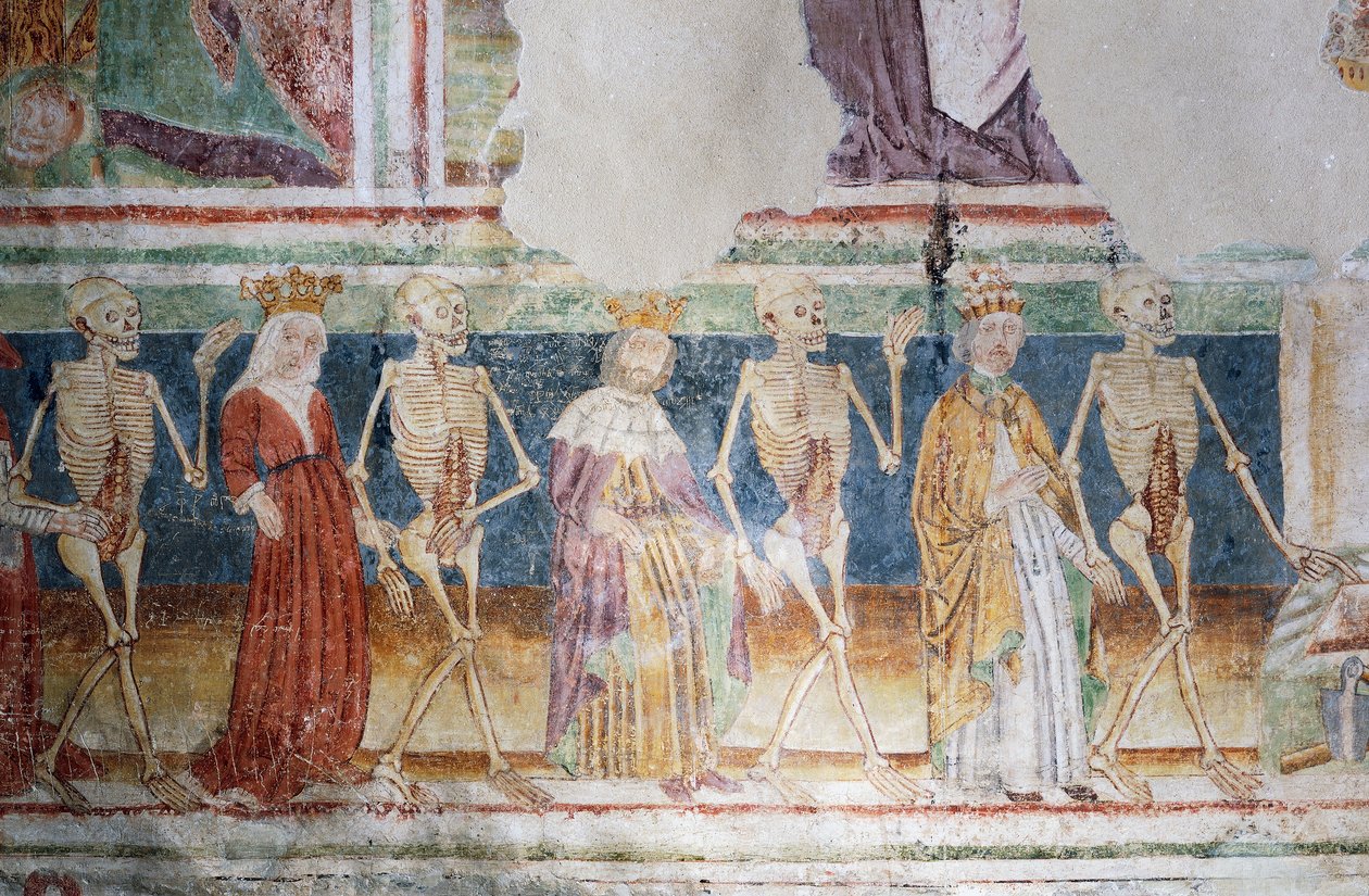 Hrastovlje Wehrkirche, Dreifaltigkeitskirche, Tod begleitet Papst und Königin, Totentanz (1490), (Detail) von Janez Kastav