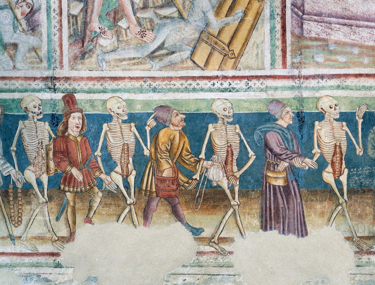 Hrastovlje Wehrkirche, Dreifaltigkeitskirche, Tod begleitet Kaufmann und wohlhabenden Banker, Totentanz (1490), Detail aus Fresken von Janez Iz Kastva, Slowenien von Janez Kastav