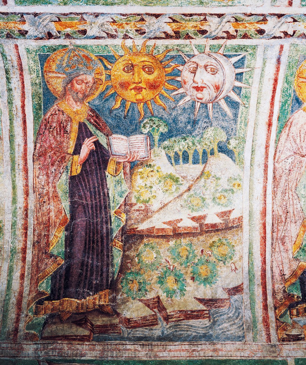 Hrastovlje Wehrkirche, Dreifaltigkeitskirche, Genesis, Gott erschafft Sonne, Mond und Sterne (1490), (Detail) von Janez Kastav