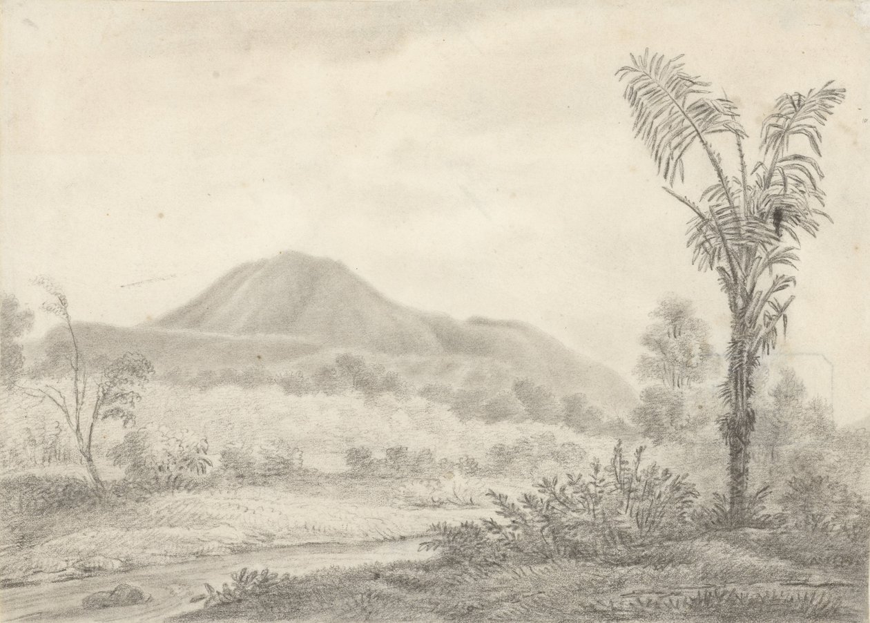 Javanische Landschaft mit Berg und Palme von Jannes Theodorus Bik