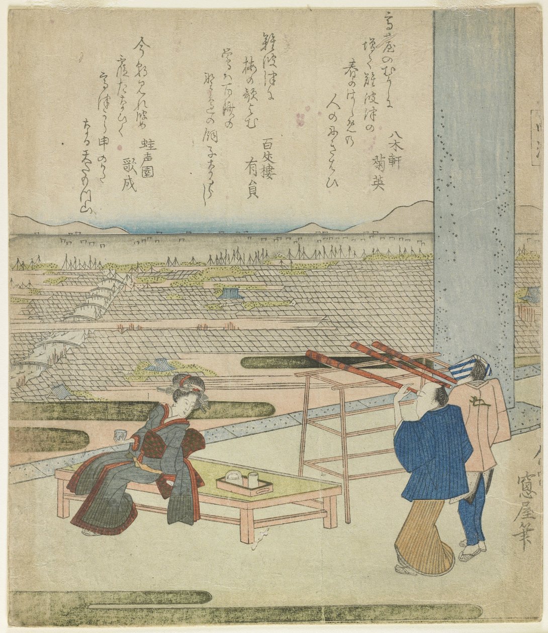 (Frau und zwei Männer genießen die Aussicht von einem Gebäude auf einem Hügel), 1820er von Japanese School