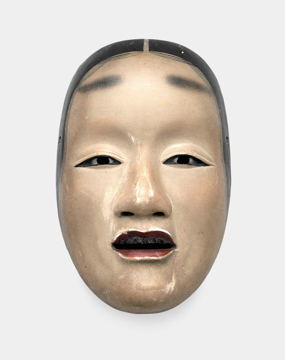 Eine Holzmaske mit Gofun-Grundierung, bemalt mit Sumi für Haare, Augen und Zähne und Rot für die Lippen von Japanese School