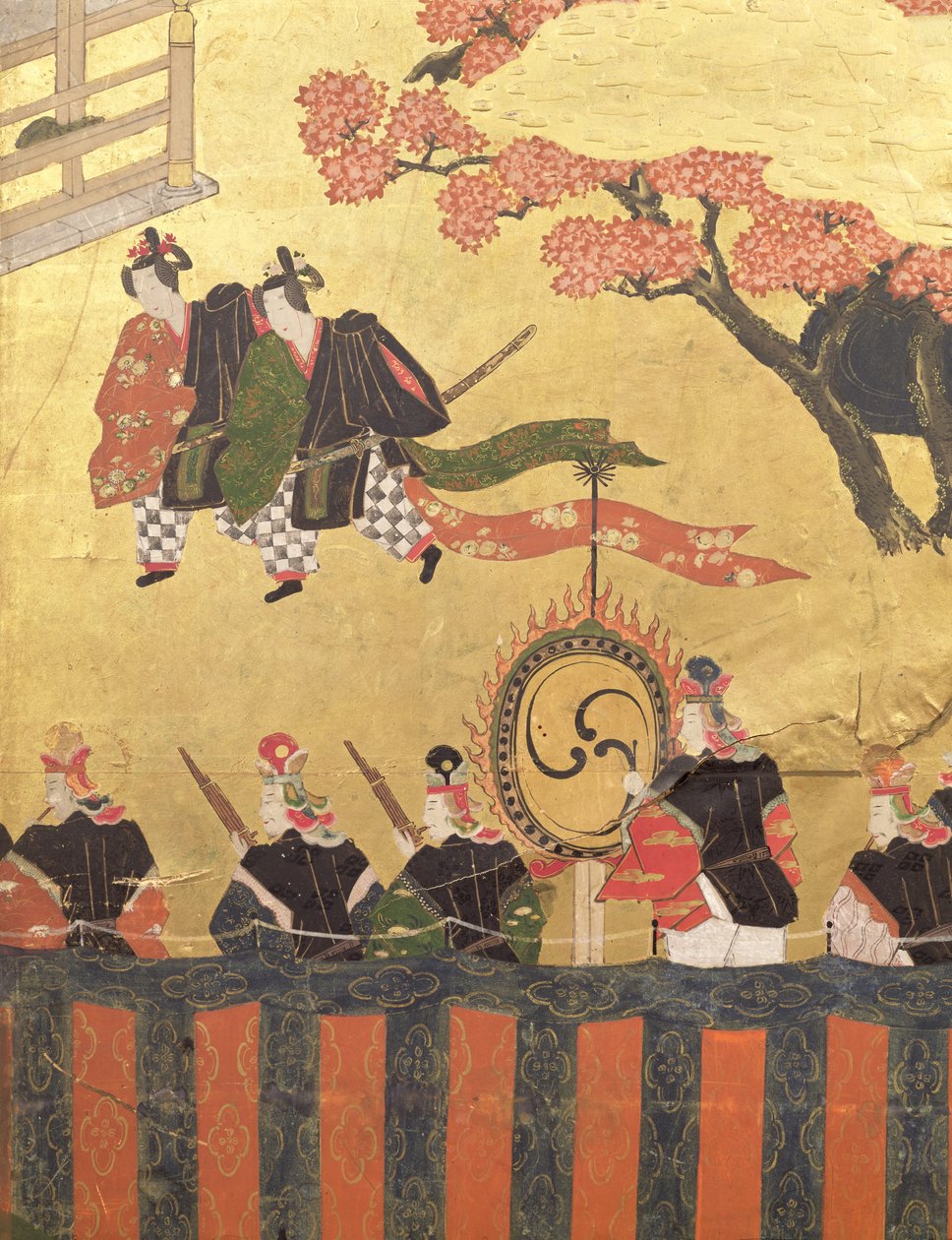 Detail von einem vierblättrigen Bildschirm, der zwei Höflinge in Kazaritachi und Soldaten darstellt, Tosa-Schule, Edo-Periode (Farben, Tinte, Gofun und Gold auf Papier) von Japanese School