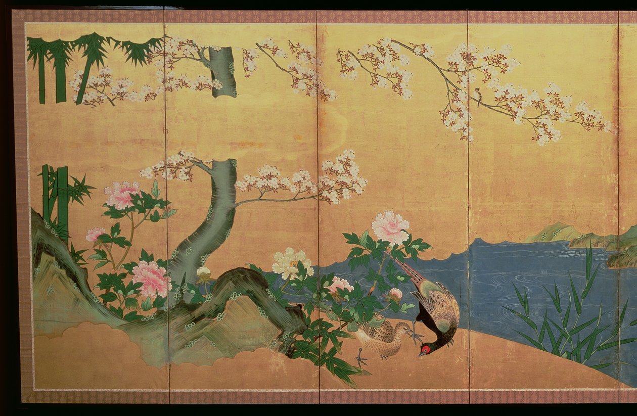 Reiher in einem Bach mit einer Insel aus Schwertlilien, Edo-Periode von Japanese School