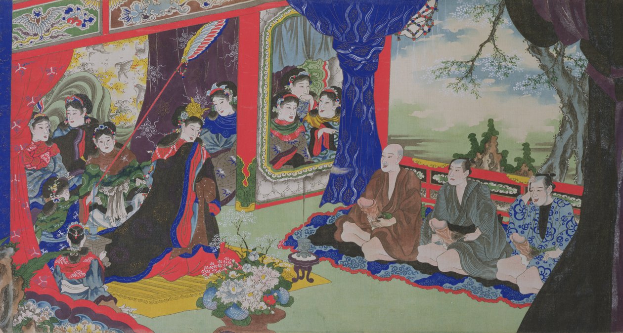 Fischer zeigen ihre Penisse der Kaiserin und ihrem Hof, aus einer erotischen Geschichte von Fischern, die auf einer Insel voller Frauen Schiffbruch erlitten (handkolorierte Gravur) von Japanese School