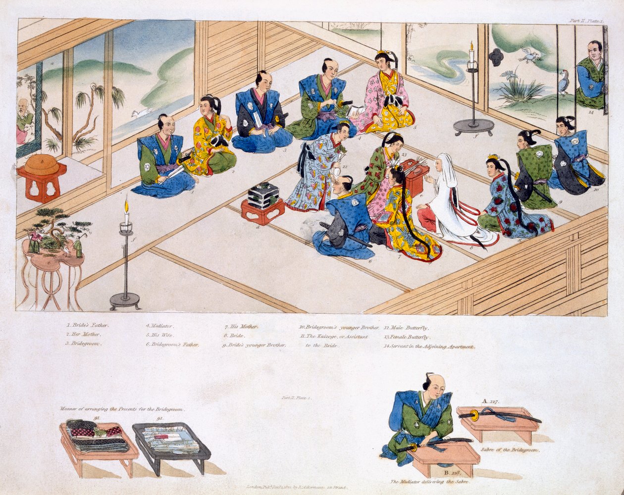 Japanische Hochzeit: Die beiden Familien treffen sich mit dem Vermittler, ca. 1820 von Japanese School