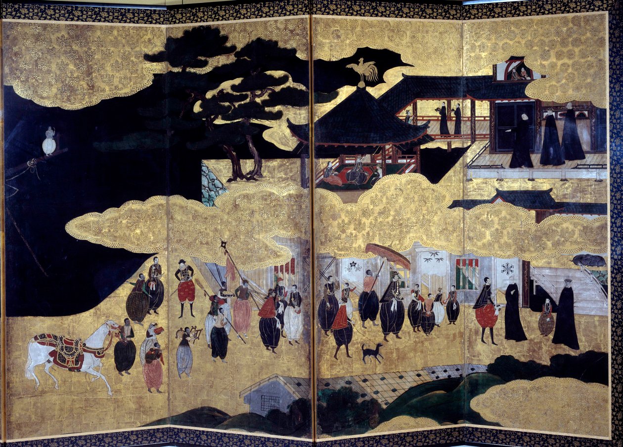 Namban Byobu-Schirm genannt „Portugiesisch“: Darstellung der Ankunft portugiesischer Jesuitenmissionare in Japan im 16. Jahrhundert. Kano-Schule, 17. Jahrhundert. Paris, Guimet Museum, Nationalmuseum für asiatische Kunst von Japanese School