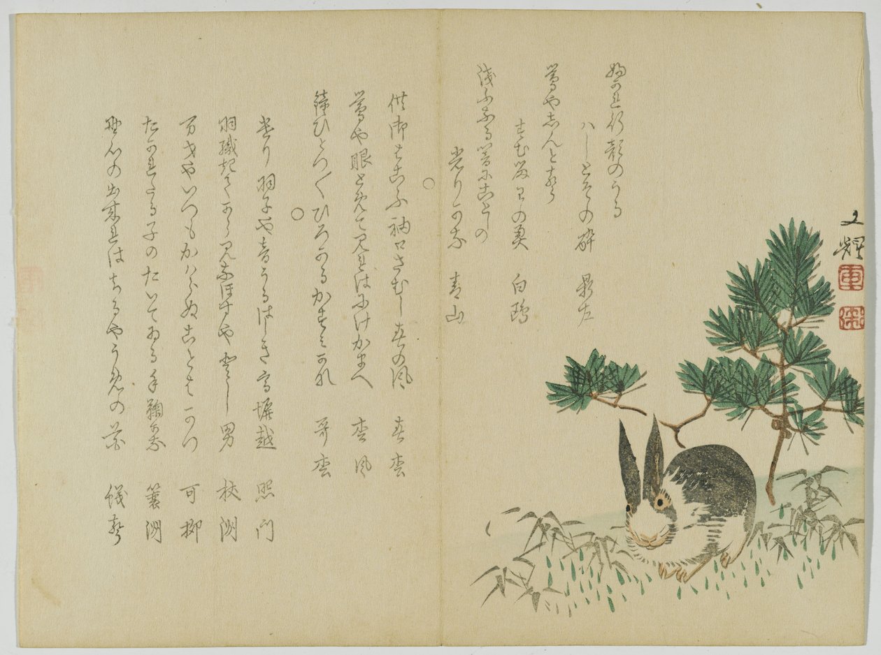 Kaninchen unter Neujahrskiefer, ca. 1860 von Japanese School