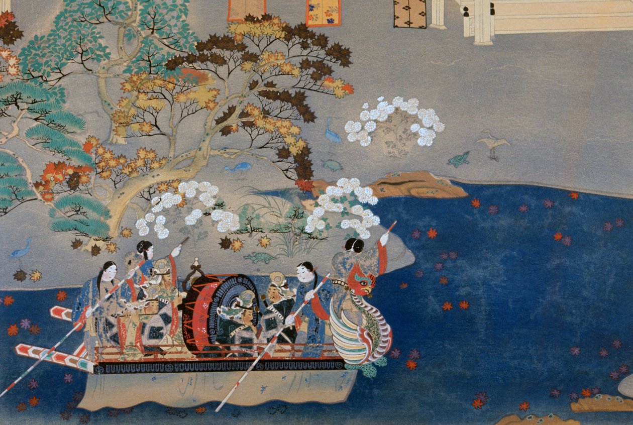 Ruderboot, Illustration für Eiga Monogatari (Geschichte des Glanzes), von Akazome Emon (ca. 956-1041). Japan von Japanese School