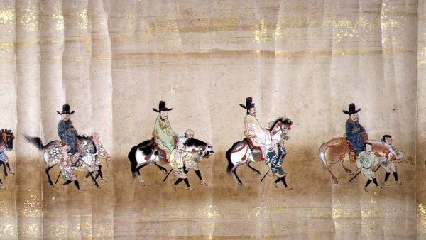 Sechste koreanische Gesandtschaft nach Japan in Meireki 1 zur Zeit der Nachfolge von Tokugawa Ietsuna im Jahr 1651, möglicherweise von Kano Masunobu (Detail) von Japanese School