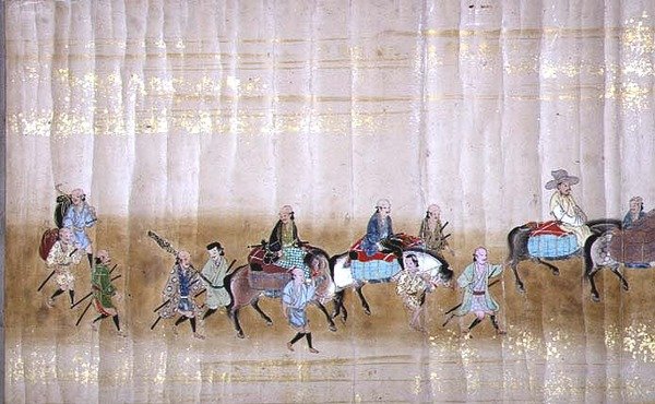 Sechste koreanische Gesandtschaft nach Japan in Meireki 1 zur Zeit der Nachfolge von Tokugawa Ietsuna im Jahr 1651, möglicherweise von Kano Masunobu (1625-94) (Rollbild) (Detail) von Japanese School