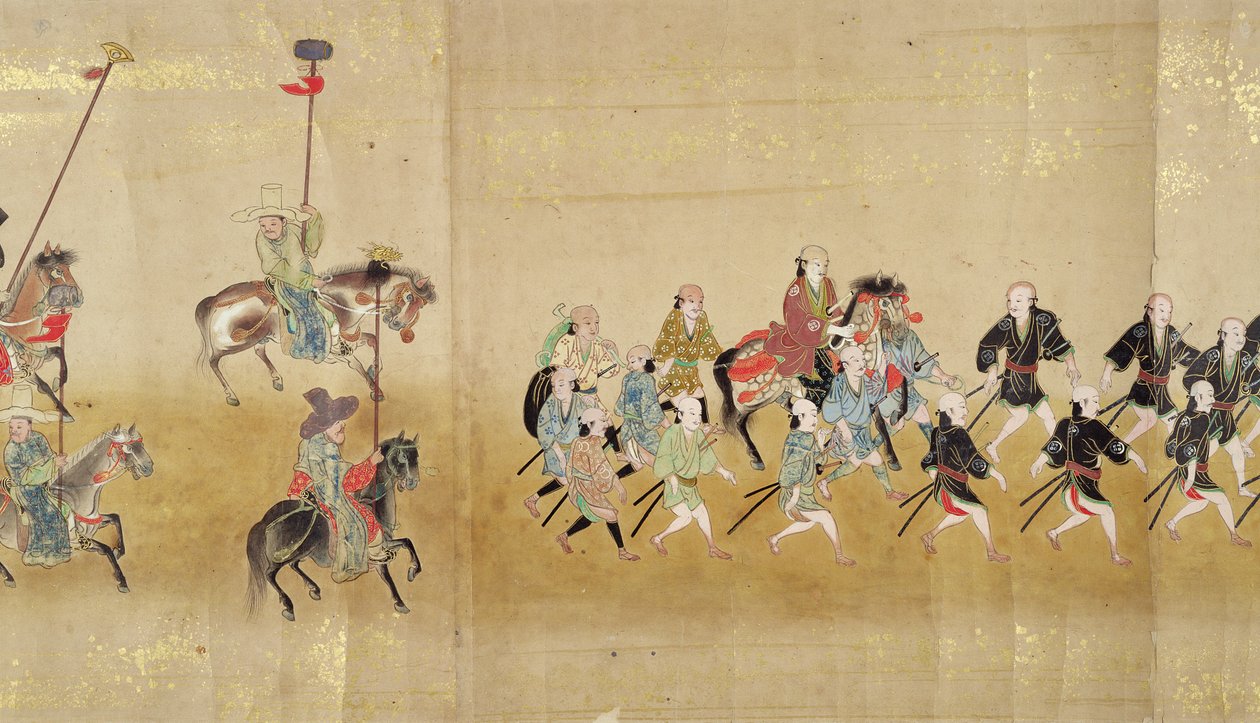 Sechste koreanische Gesandtschaft nach Japan in Meireki 1 zur Zeit der Nachfolge von Tokugawa Ietsuna im Jahr 1651, möglicherweise von Kano Masunobu (1625-94) (Rollbild) (Detail) von Japanese School
