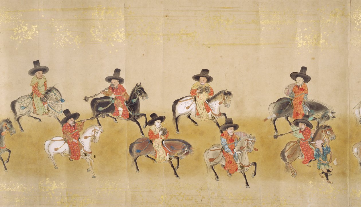 Sechste koreanische Gesandtschaft nach Japan in Meireki 1 zur Zeit der Nachfolge von Tokugawa Ietsuna im Jahr 1651, möglicherweise von Kano Masunobu (1625-94) (Rollbild) (Detail) von Japanese School