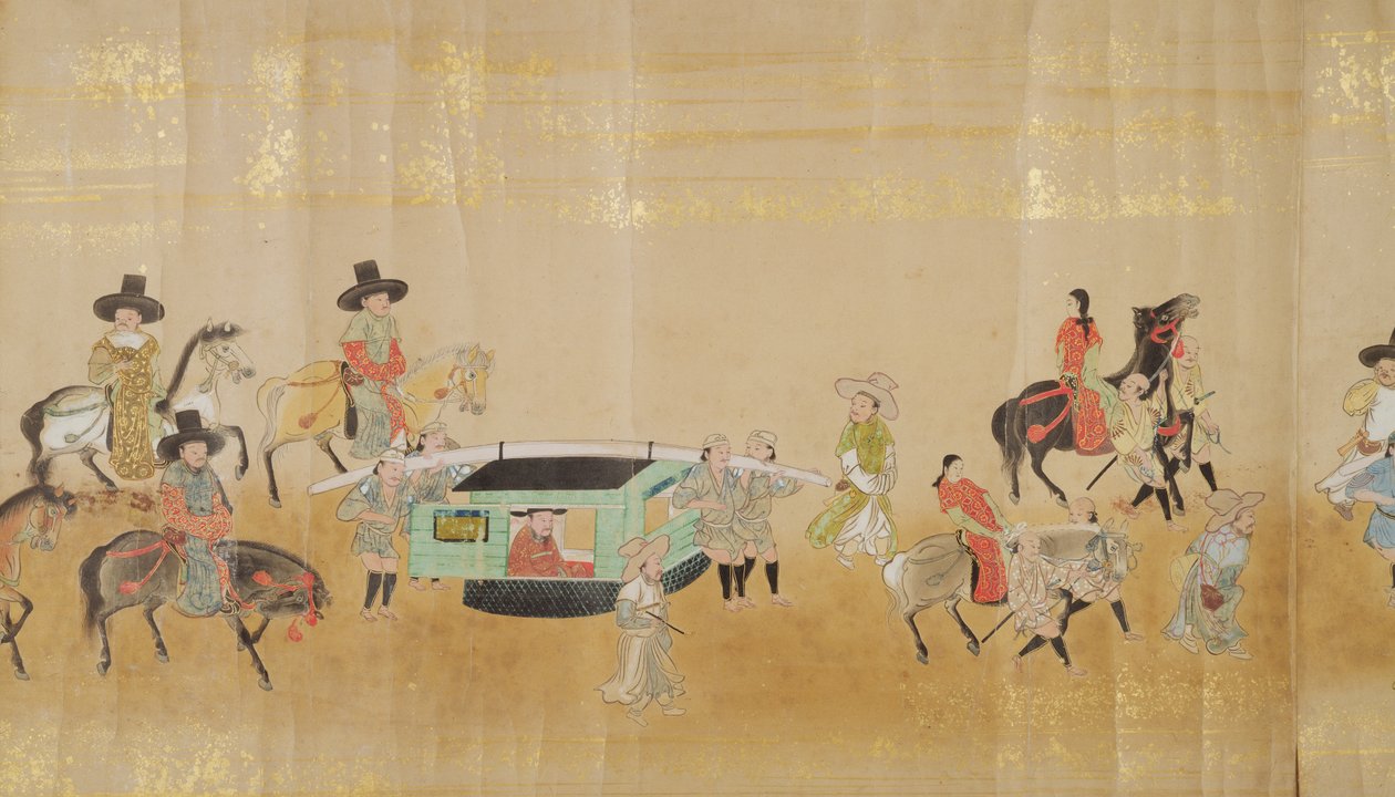 Sechste koreanische Gesandtschaft nach Japan in Meireki 1 zur Zeit der Nachfolge von Tokugawa Ietsuna im Jahr 1651, möglicherweise von Kano Masunobu (1625-94) (Rollbild) (Detail) von Japanese School