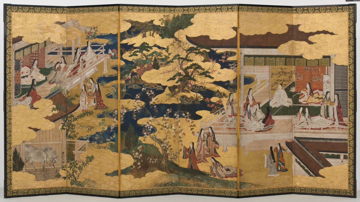 Frühling im Palast, sechsteilige Leinwand aus der Geschichte von Genji, ca. 1650 von Japanese School