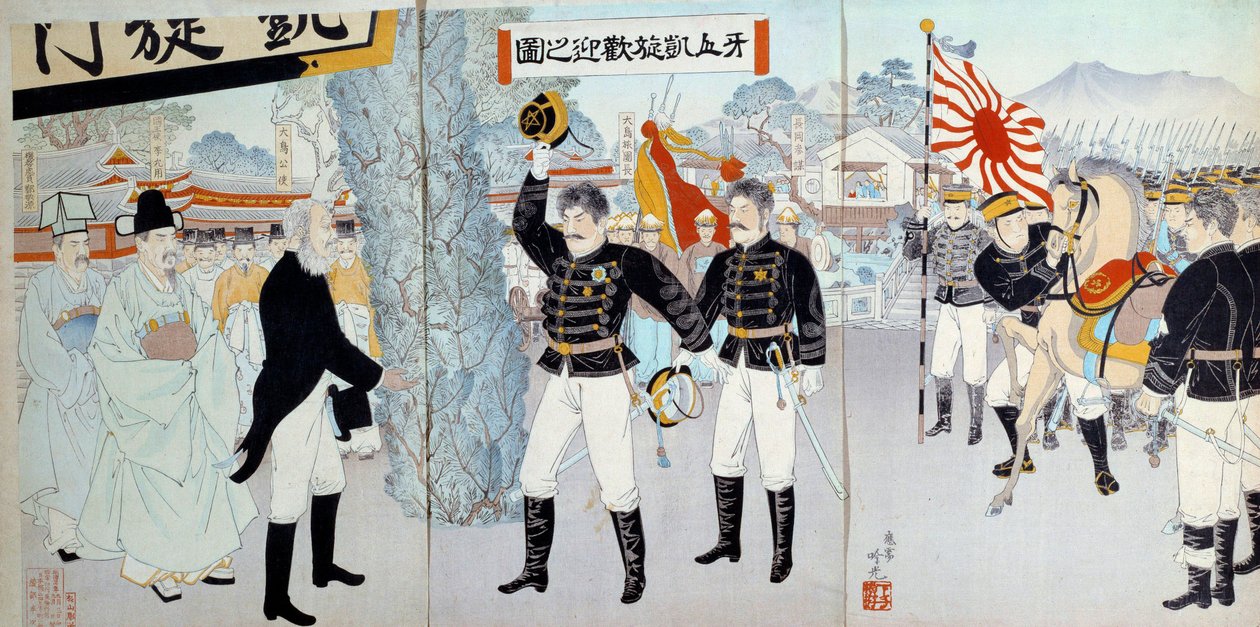 Der Aufstieg des japanischen Reiches: Darstellung der ehemaligen japanischen Gesellschaft links basierend auf einem feudalen System und der neuen rechts, die auf die Entwicklung der Militärkräfte ausgerichtet ist, die Japan zu Kriegen gegen China und Russl von Japanese School