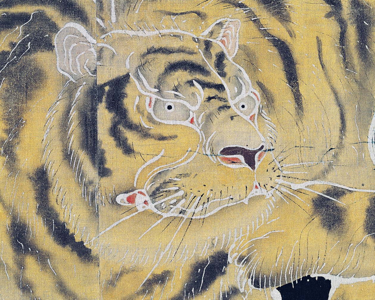 Tigernase, Detail von Baumwollschirm, faltbarer Zweitafel (Byobu), in Reserve mit Reismehl und Indigo getaucht mit Pigmenten, japanische Zivilisation, Meiji-Taisho-Periode von Japanese School