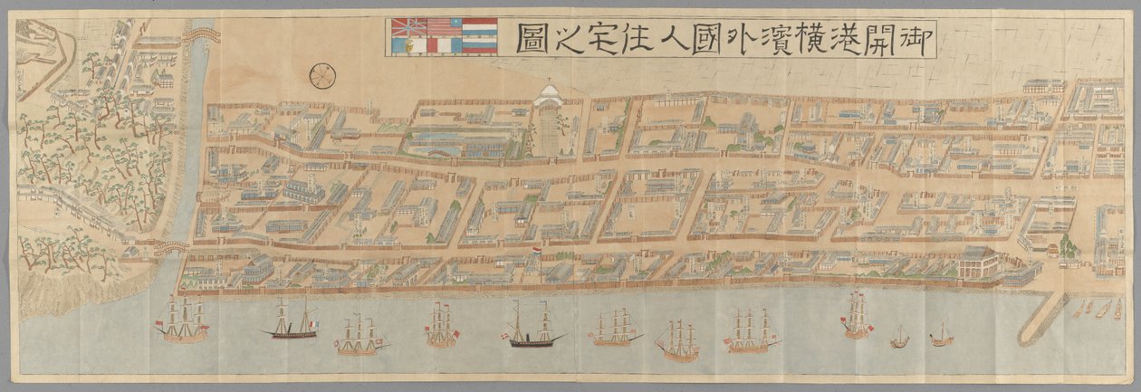 Topographische Ansicht der ausländischen Siedlung in Yokohama nach der Öffnung der Vertragshäfen im Jahr 1859, die einzelne Grundstücke zeigt, die von benannten britischen, amerikanischen, niederländischen und portugiesischen Unternehmen und Haushalten be von Japanese School