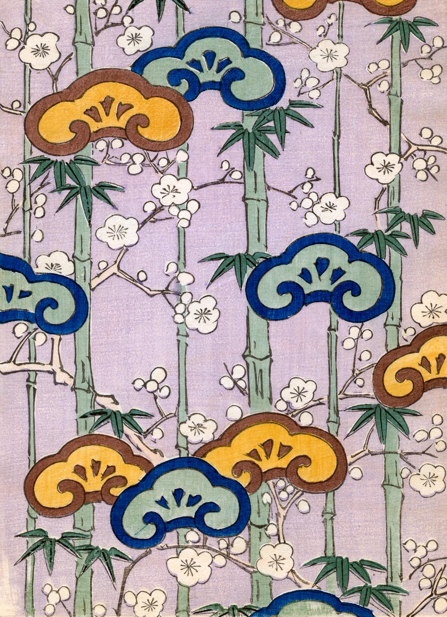 Farbholzschnitt von Bambus und Kirschblüten von Japanese School