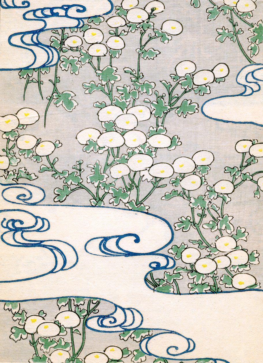 Farbholzschnitt von blühenden Reben und Wellenmuster von Japanese School