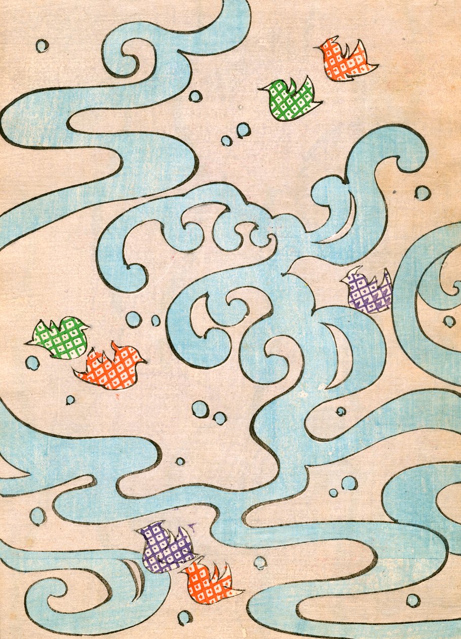 Farbholzschnitt von stilisierten Vögeln, die über Wasser fliegen von Japanese School