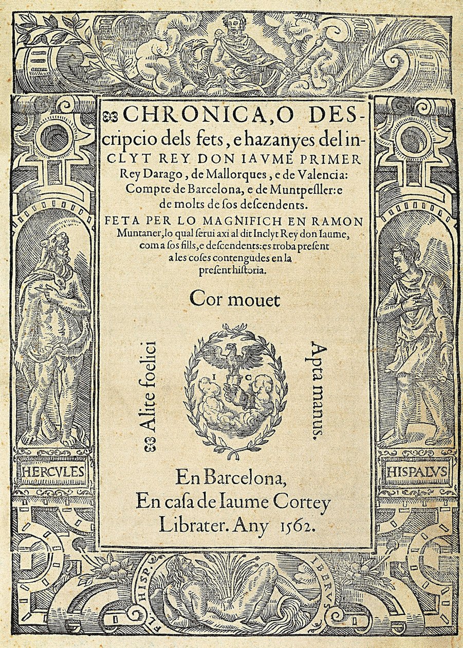 Ramon Muntaner (1265-1336), katalanischer Militär und Chronist. Titelblatt des Buches Chronica, o descripcio dels fets, e hazanyes del inclit rey Don Jaume Primer, einer Ausgabe, die in Barcelona im Haus des Druckers Jaume Cortey hergestellt wurde von Jaume Cortey