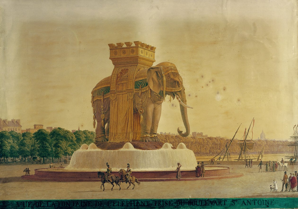 Ansicht des Elefantenbrunnens am Place de la Bastille, um 1805-1810 von Jean Antoine Alavoine
