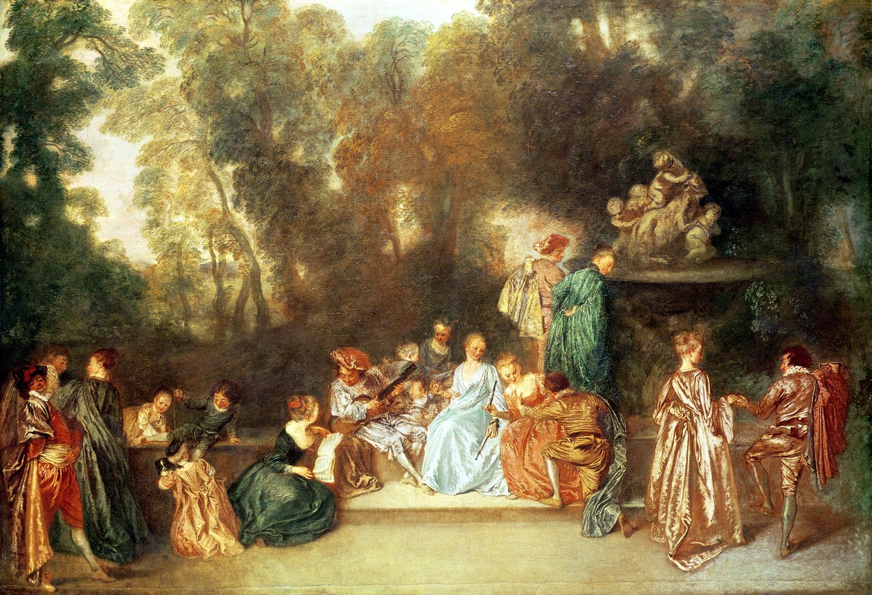 Fête galante mit Gitarrenspieler und einer Skulptur von Putti, die mit einem Widder spielen, ca. 1717-19 von Jean Antoine Watteau