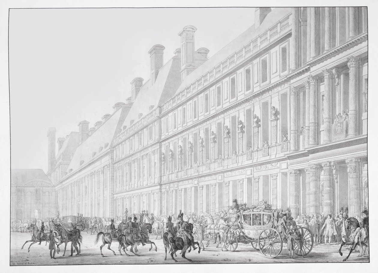 Abfahrt vom Tuilerienpalast von Kaiser Napoleon I. und Kaiserin Josephine zu ihrer Krönung in der Kathedrale Notre-Dame am 2. Dezember 1804, Illustration aus dem 
