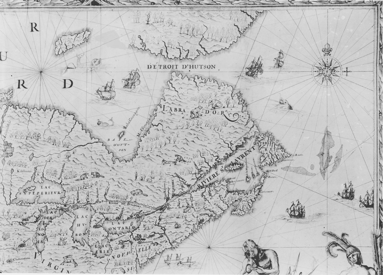 Karte von Neufrankreich, gewidmet Colbert von Duchesneau, Intendant, 1681 (Detail) von Jean Baptiste Louis Franquelin