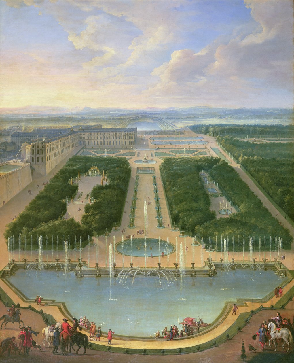 Perspektivische Ansicht des Schlosses von Versailles vom Neptunbrunnen aus gesehen, 1696 von Jean Baptiste Martin
