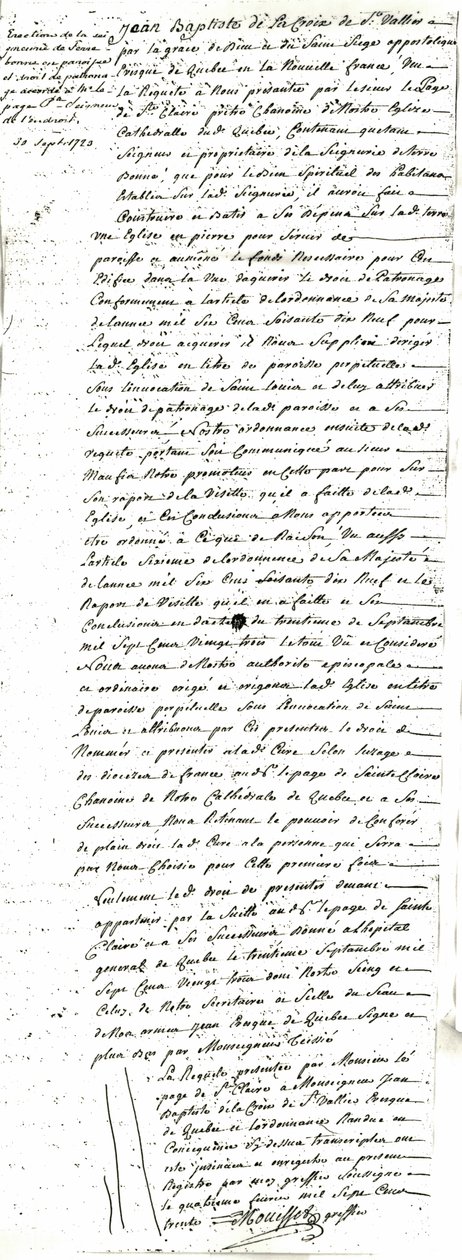 Dekret zur Errichtung der Pfarrei Saint-Louis-de-France de Terrebonne von Jean Baptiste de La Croix