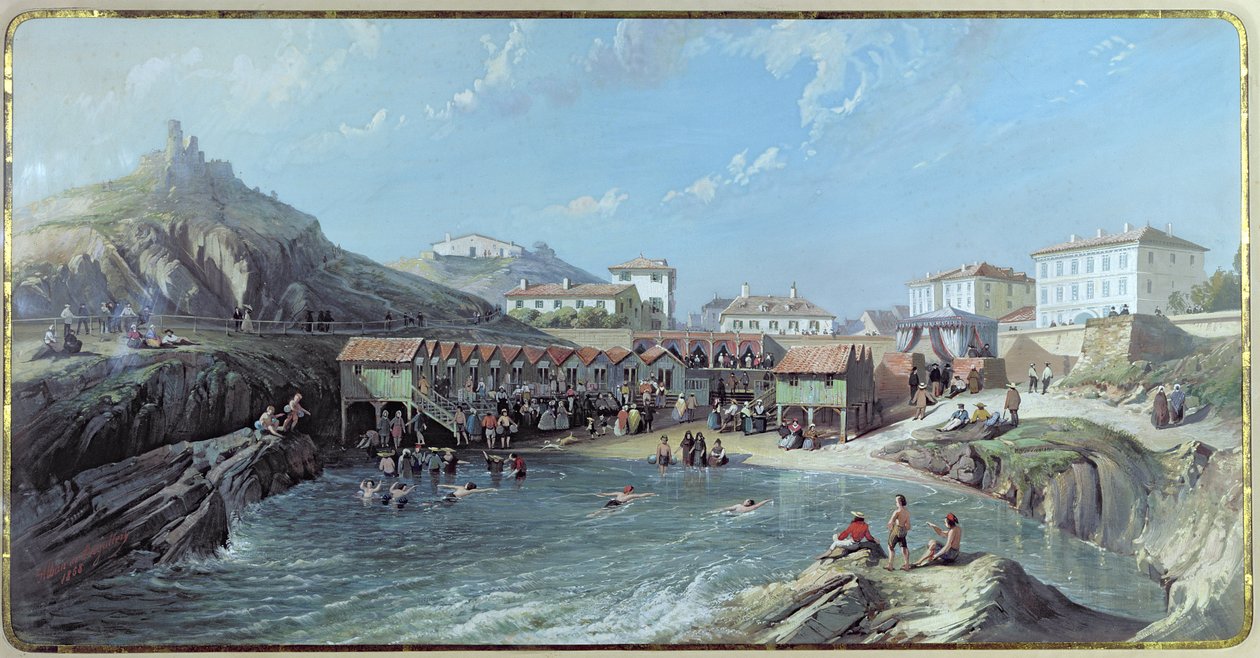 Der Beginn des Seeschwimmens im alten Hafen von Biarritz, 1858 von Jean Jacques Alban de Lesgallery