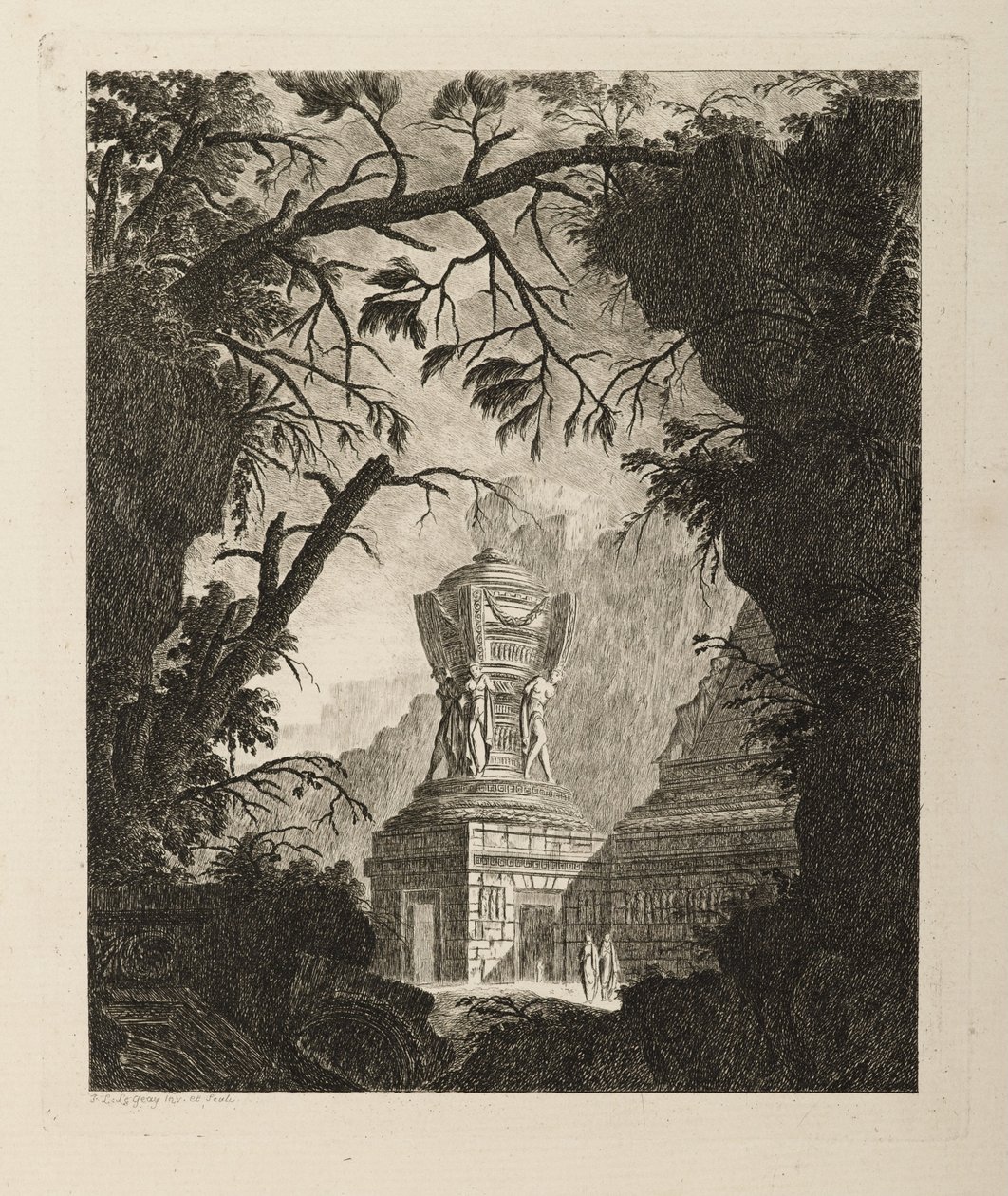 Monumentales Grabmal mit drei aneinander gelehnten Frauen aus der Serie Tombeaux von Jean Laurent Legeay