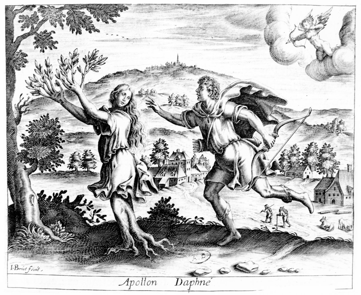 Daphne, die vor dem verliebten Apollo flieht, wird in einen Lorbeerbaum verwandelt, 1619 von Jean Matheus