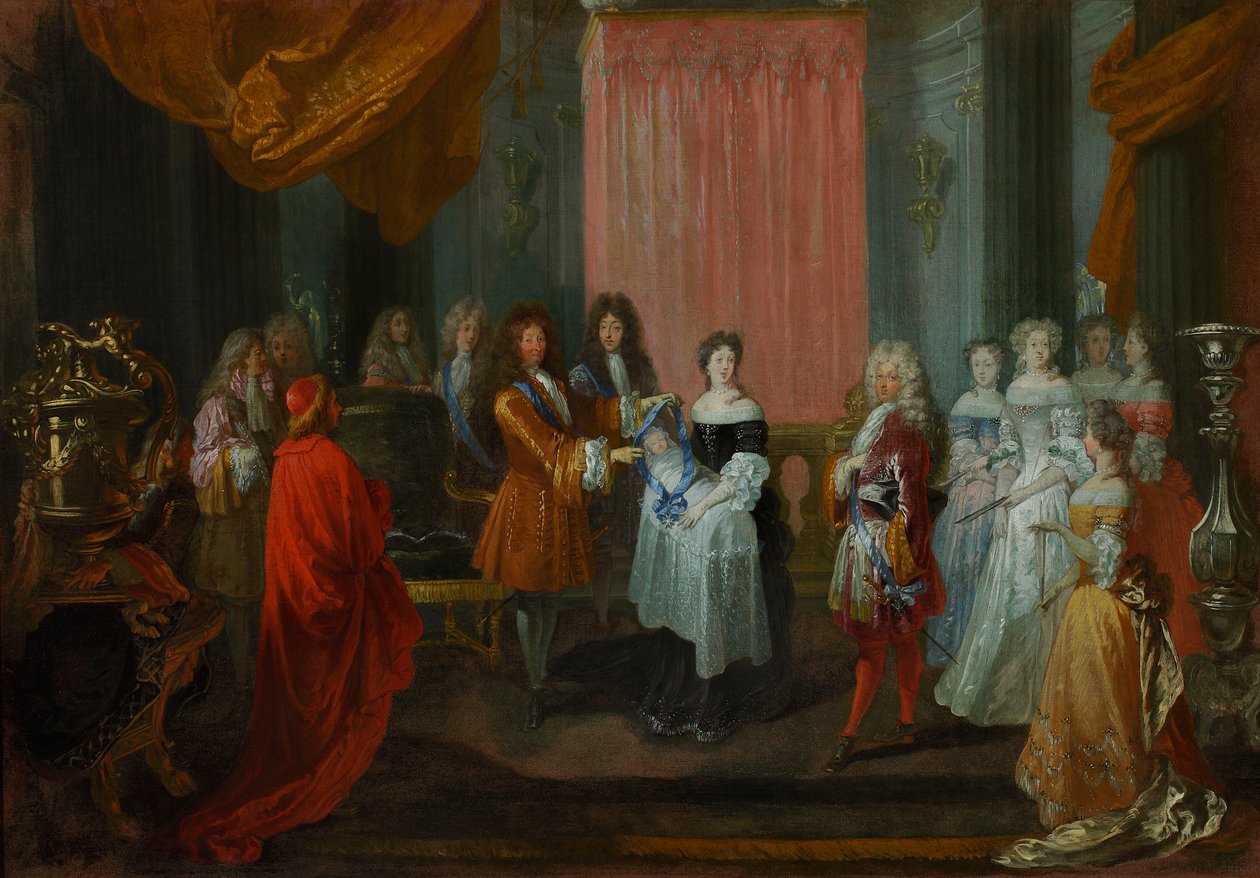 Ludwig XIV dekoriert den Herzog von Burgund, den Vater des zukünftigen Ludwig XV, mit dem Cordon Bleu-Orden. von Jean-Antoine Watteau
