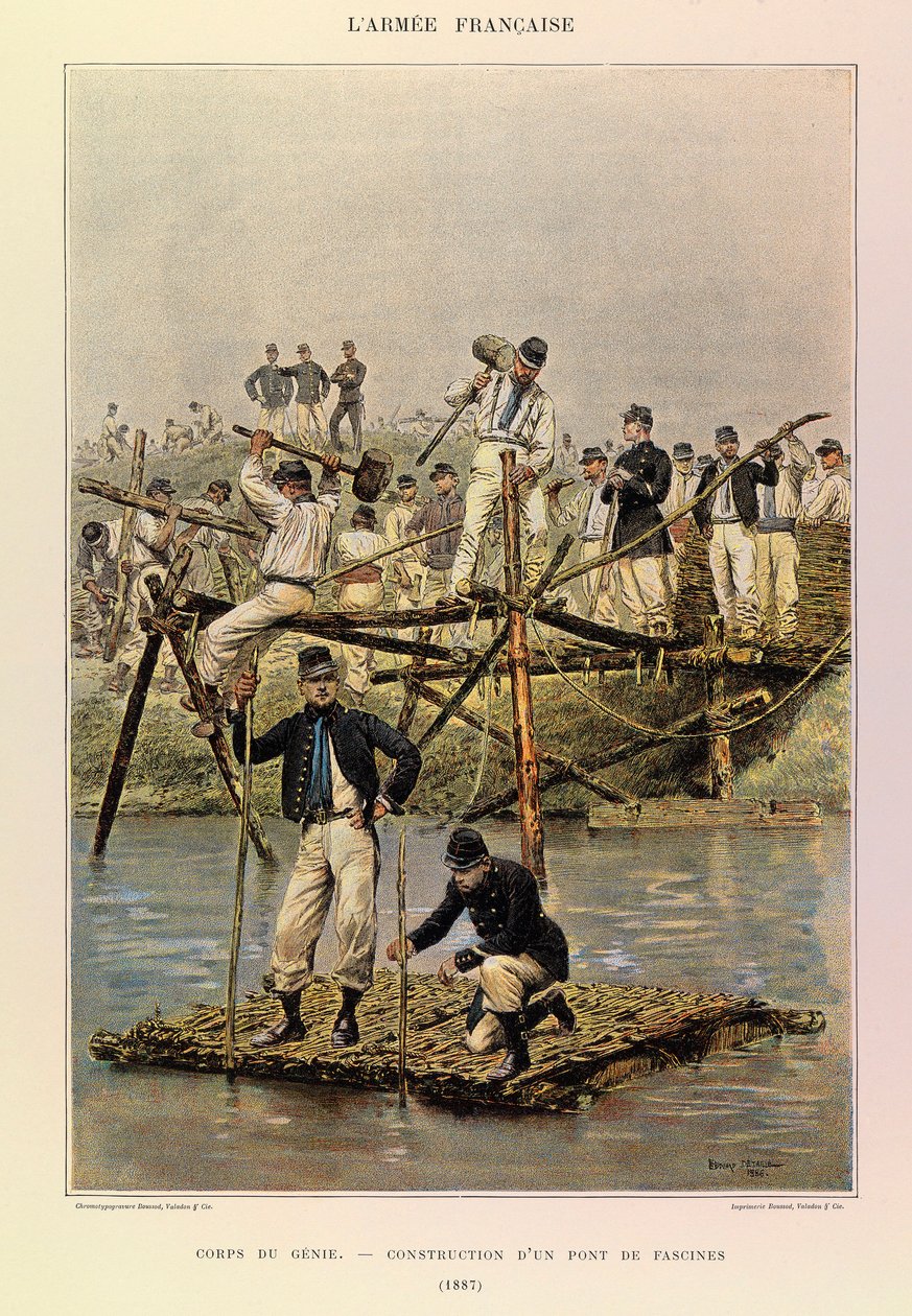 Typen und Uniformen der französischen Armee von Hauptmann Jules Richard, illustriert von Edouard Detaille: Pionierkorps; Bau einer Faschinenbrücke 1887, Private Sammlung von Jean-Baptiste Edouard Detaille
