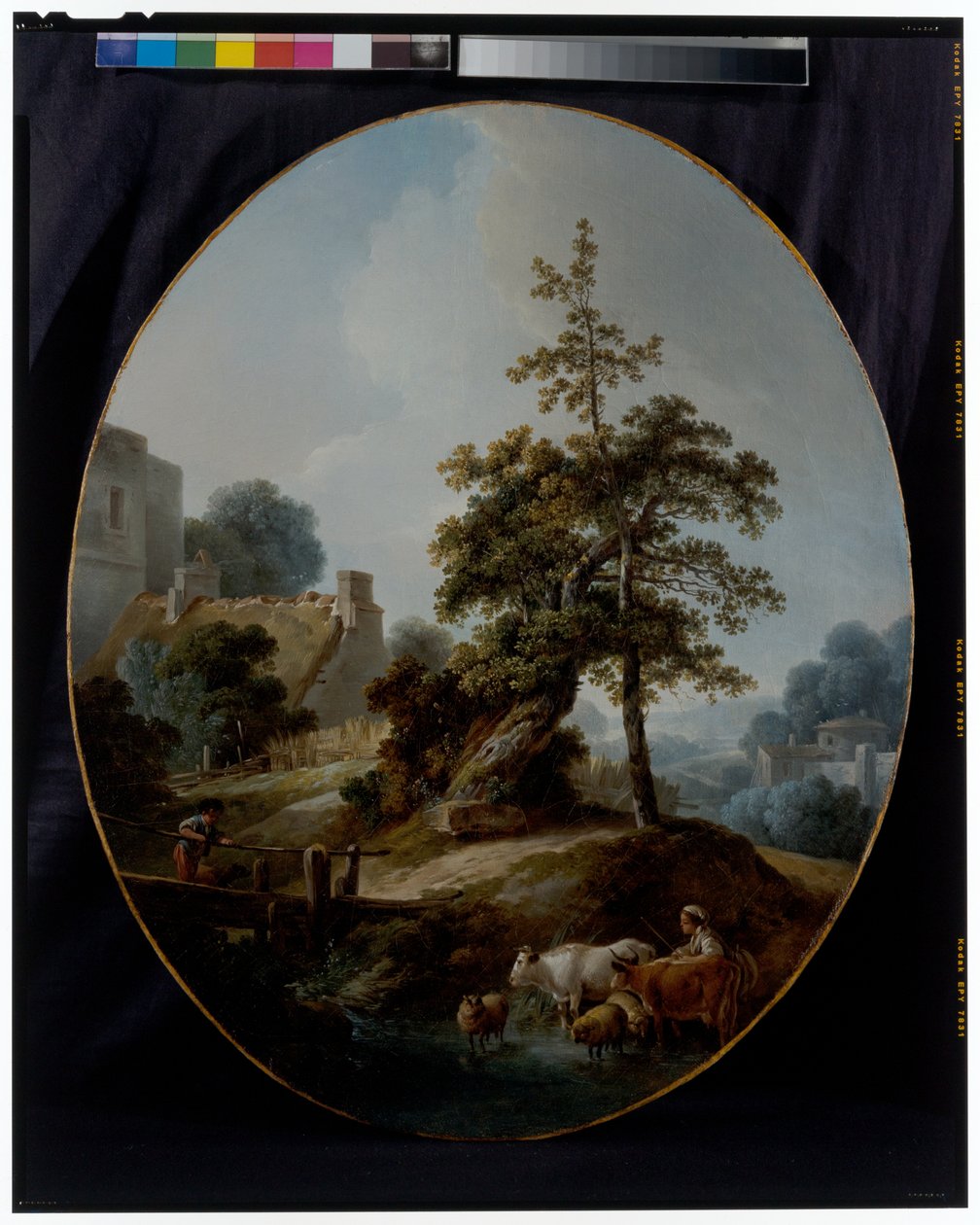 Landschaft mit einem Jungen und einer Schäferin mit Kühen und Schafen von Jean Baptiste Huet