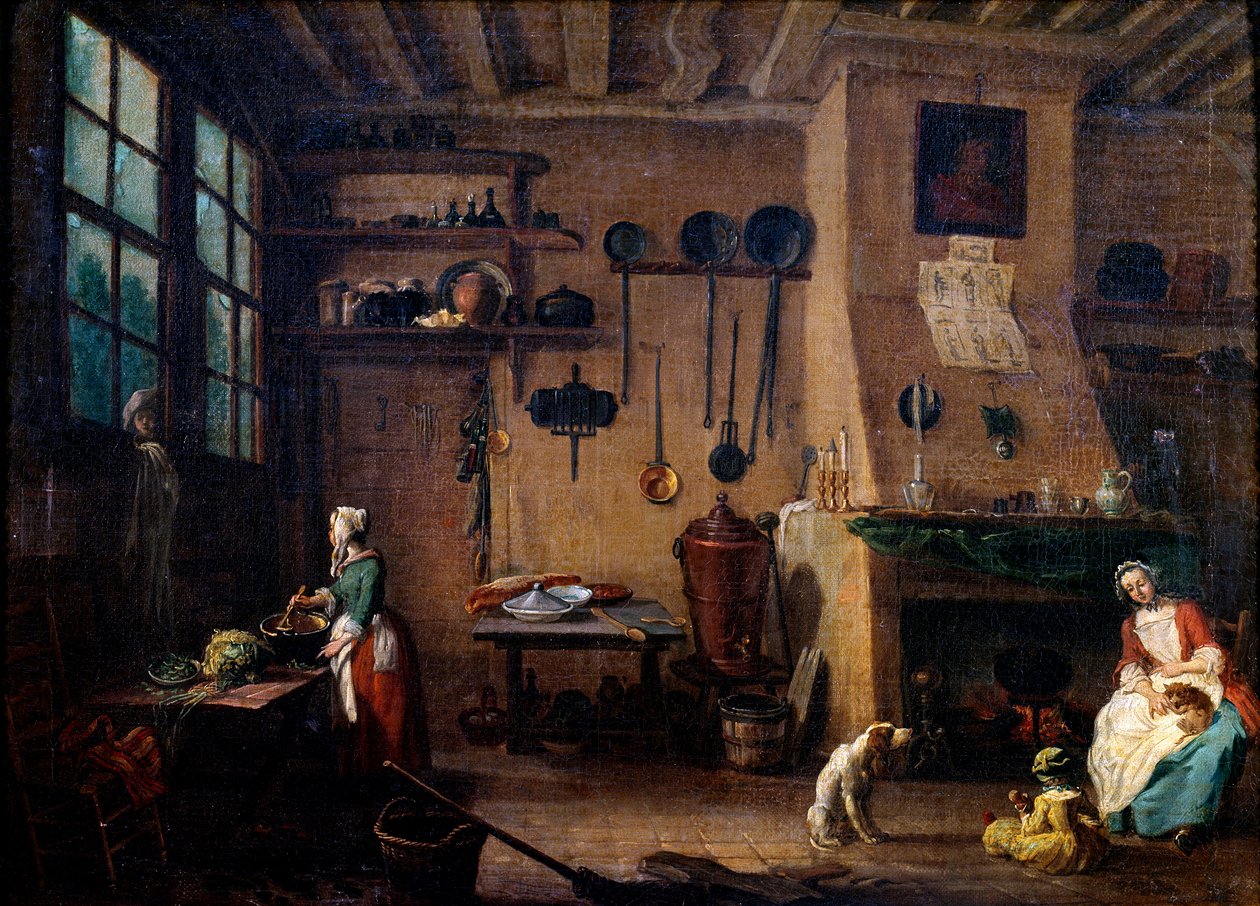 Kücheninterieur im 18. Jahrhundert. Ein Koch bereitet eine Mahlzeit zu. von Jean Baptiste Lallemand