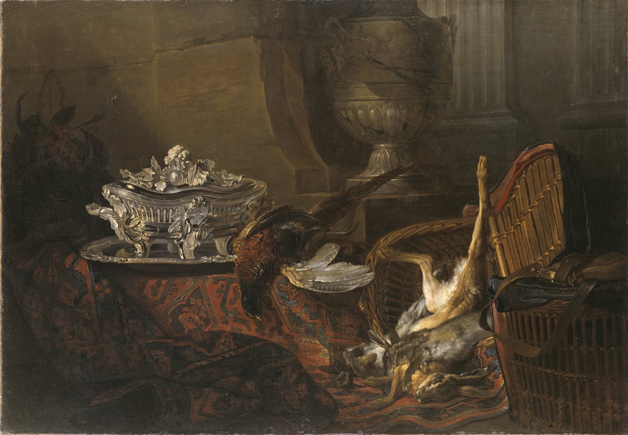 Stillleben mit Wildbret und einer silbernen Terrine auf einem türkischen Teppich von Jean-Baptiste Oudry