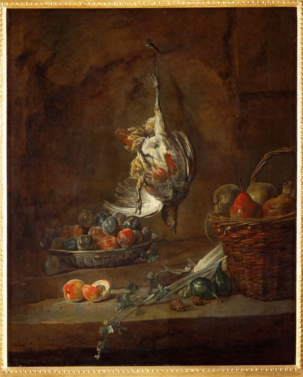 Totes Rebhuhn, Schale mit Pflaumen und Korb mit Birnen von Jean-Baptiste Simeon Chardin