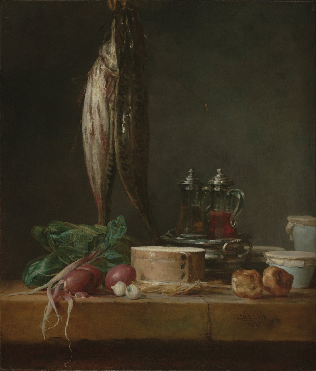 Stillleben mit Fisch, Gemüse, Gougères, Töpfen und Karaffen auf einem Tisch von Jean-Baptiste Simeon Chardin