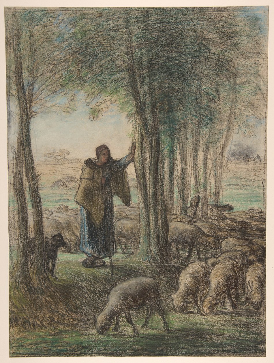 Eine Schäferin und ihre Herde im Schatten der Bäume von Jean-Francois Millet