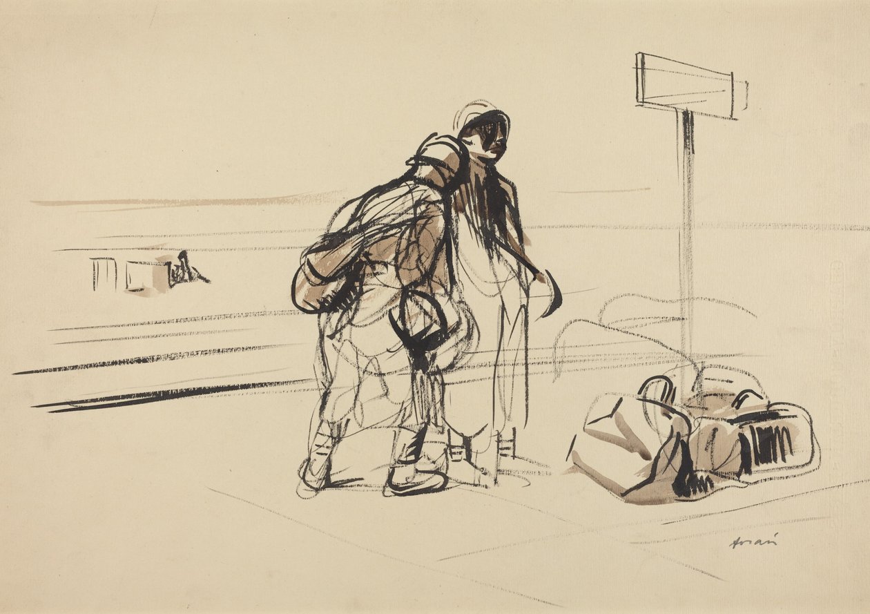a) Zwei französische Soldaten in der Nähe eines Anschlagbretts (recto); b) Kindermädchen und Kinder mit Pferd oder Esel (verso) von Jean-Louis Forain