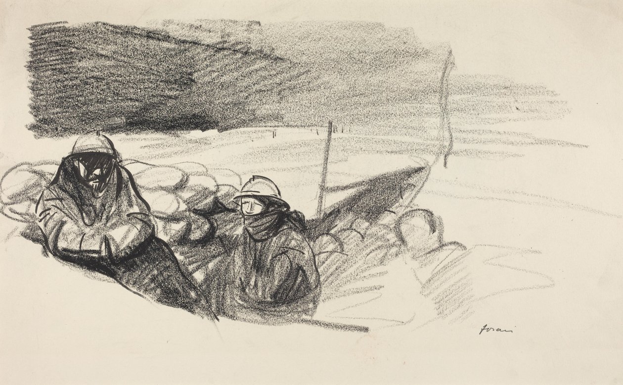a) Zwei Soldaten in einem Schützengraben (Vorderseite); b) Innenraum mit hinter einem Tisch sitzenden Figuren (Rückseite) von Jean-Louis Forain