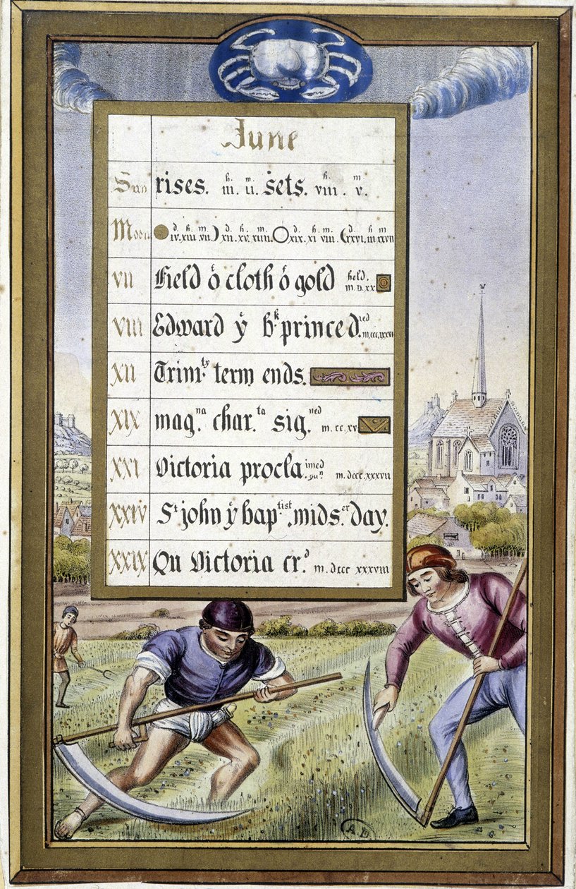 Kalender von Juni und Zeichen des Krebses - in den Stunden der Anne von Bretagne, von Jean Bourdichon von Jean (after) Bourdichon