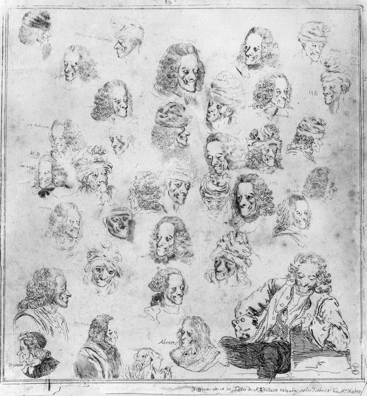 Verschiedene Melodien in 30 Voltaire-Köpfen. Porträts von François Marie Arouet, genannt Voltaire (1694-1778) "verschiedene Physiognomien von Voltaire". Radierung zugeschrieben Dominique Vivant-Denon nach Jean Huber. Musée Carnavalet von Jean (after) Huber