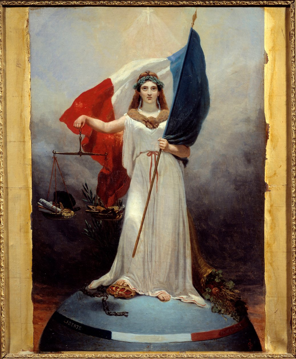 Symbolische Figur der Republik. Allegorie, die die Republik als Frau mit einem Lorbeerkranz, Symbol des Friedens, darstellt, die eine Waage, Symbol der Gerechtigkeit, und die Trikolore hält. Unter ihrem Fuß die Krone der zerschlagenen Monarchie und die geb von Jean Alphonse Roehn